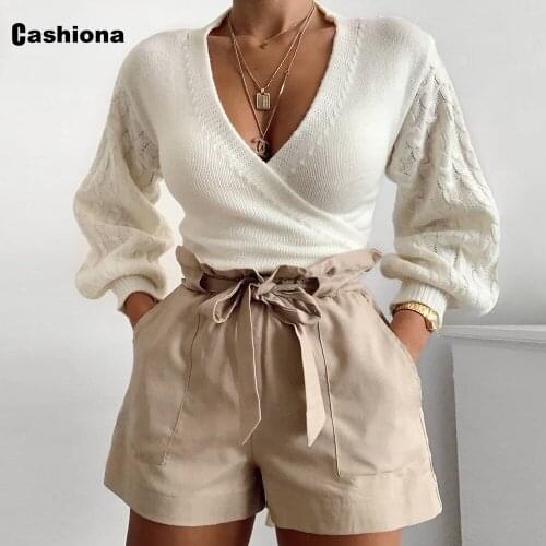 Women Cri-cross Knitted Sweater Spring Autumn Lantern Sleeve Women Sashes Cardigans Slim V-neck Femme Vintage 2020 Short Sweater