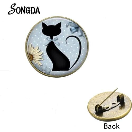 Mysterious Elegant Black Cat Brooch Garden Flower Pet Kitty Animal Badge Pin Art Photo Glass Dome Clothes Jewelry Accessories