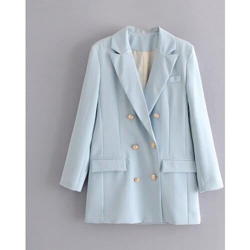 Womens jacket autumn new blue metal double-breasted suit collar mid-length temperament suit jacket women women blazers