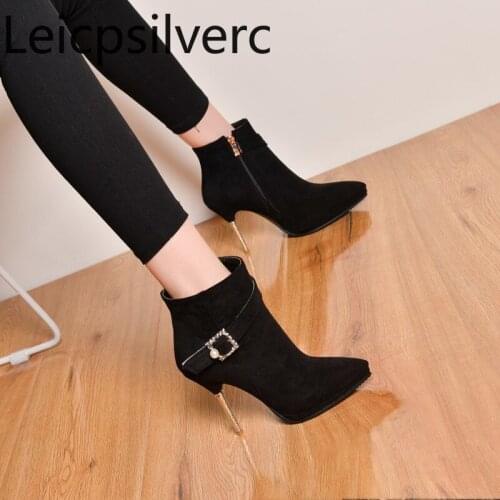 Womens Boots New winter fashion Pointed zipper Metal Decoration Fine heel High heel Ankle boots Womens shoes 34-39 10cm high