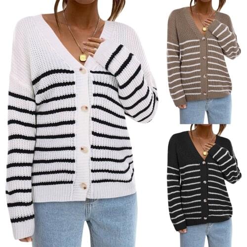Womens V-neck Long Sleeve Striped Printed Cardigan Sweater Large Size Loose Single-breasted Buttons Long Sweater Jacket /F