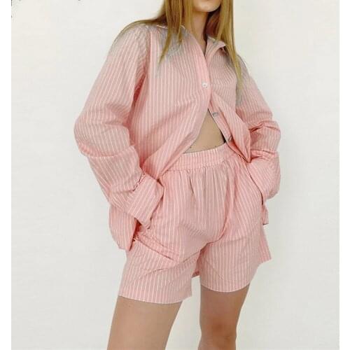 Fashion Casual Women Summer Tracksuit Shorts Set Long Sleeve Stripe Blouse Shirt Tops And High Waisted Mini Shorts Two Piece Set