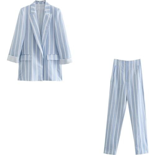 Xikom 2021 Women Two-piece Set Vintage Blue Striped V Neck Office Lady Blazer Coat Female Fashion Slim High Waist pants Suits