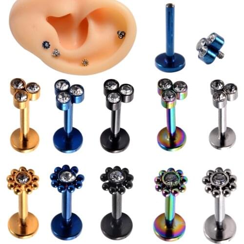 10PCS Surgical Steel Cz Gem Ear Tragus Helix Cartilage triangle Ear Lobe Stud Zircon Flower Labret Lip Ring Earrings Piercing