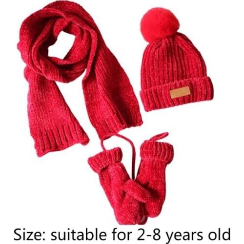 3 In 1 Toddler Kids Winter Ribbed Knit Warm Pompom Beanie Hat Scarf Gloves Set