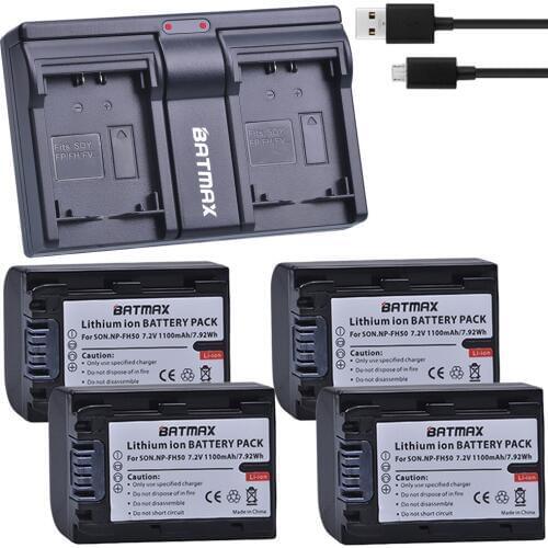 4Pcs 1100MaH NP-FH50 NP FH50 Battery + USB USB Charger for Sony A230 A330 A290 A380 A390 HDR-TG1E TG3 TG5 TG7 DSC-HX1 DSC-HX200