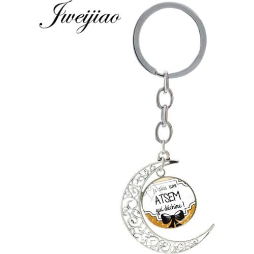 JWEIJIAO French Je Suis Une Atsem Qui Dechire Charms Glass Keychain Moon Pendant Keyrings Glass Cabochon Jewelry JE24