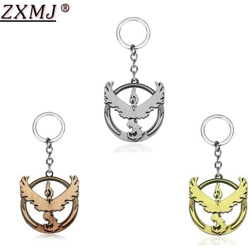 ZXMJ Flame bird keychain Anime cartoon Three sacred birds key chains Team Valor Mystic Instinct Logo Bead for man women gift