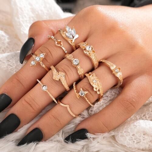 Docona 11pcs/set Bohemian Gold Color Crystal Hollow Flower Knuckle Midi Ring Set for Women Cross Geometric Rings Anillos 7053