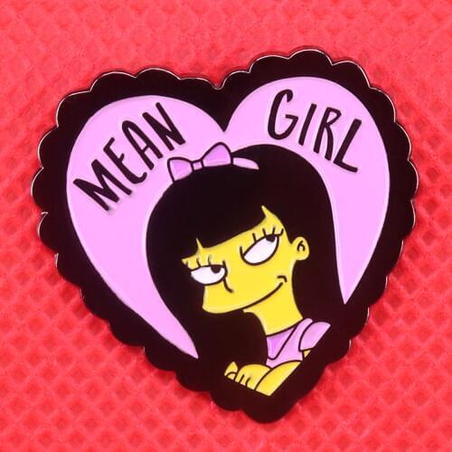 Mean girl enamel pin heart shaped pink brooch bff jewelry fashion bow women badge shirts jacket accessories best friend gift
