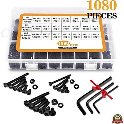 M2 M3 M4 Alloy Steel Socket Head Cap Screws Nuts Set 1080pcs Assortment Kit with Box Three Hex Wrenches Hex Socket Screws Bolts