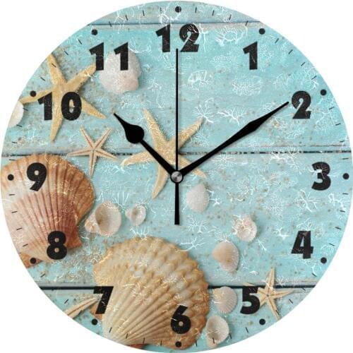 Marine Seashells Round Wall Clock Quiet Battery Operated Living Room Wall Watch Silent Non Ticking Desk Starfish Wall Clocks Art