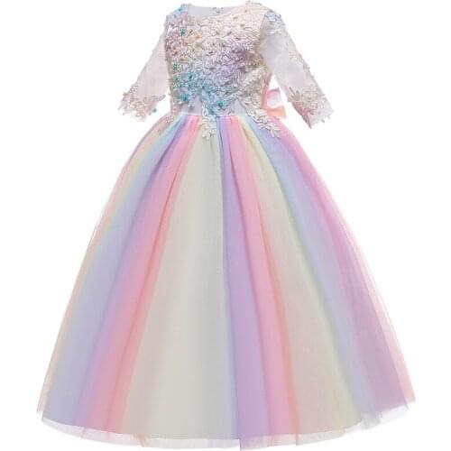 Flower Girls Wedding Dress Princess Tutu Party Evening Dresses For Teenager Girls Ceremonies Kids Children Clothes Rainbow Dress