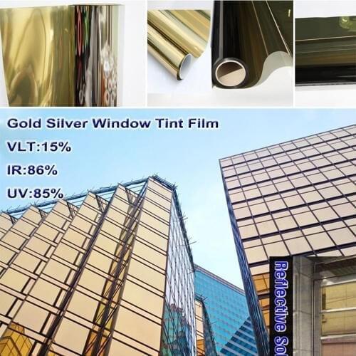 Window Film SUNICE 0.5*3m Gold&silver Glass Self-adhesive Film Office Home Residential One-way Privacy Film Summer Solar Protect