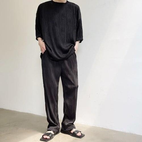 Elastic Waist Pleated Pants Mens Korean Fashion Casual Pants Mens Loose Wide-leg Pants Men Straight-leg Pants Mens Trousers