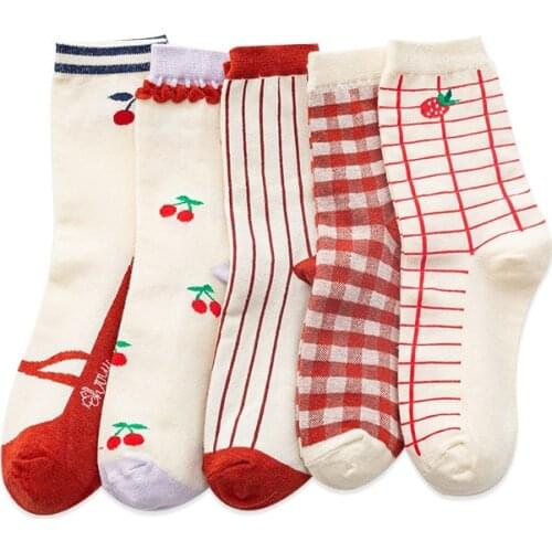 Striped Cotton Red Short Socks Women Lattice Casual Cherry Fruit Middle Tube Sock Ladies Fashion Female Cartoon Girls Square Sox