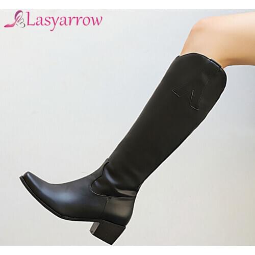 Lasyarrow Womens Boots Retro Knee High Boots Handmade Leather Long Booties Women Thick Heel Cowboy Boots Fashion Casual Shoes