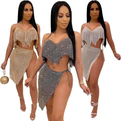 Sexy Glitter 2 Pieces Short Skirt Set Backless Halter Crop Top And Slit Skirt Night Party Club Wear Women Summer Clothes 2021