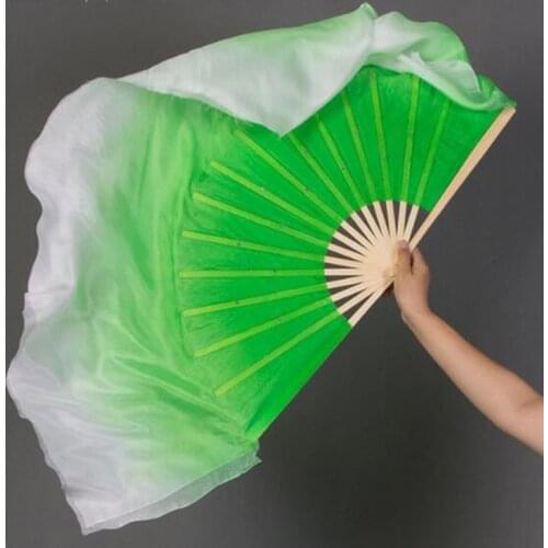 Girl Women Classic Dance Fan Veil Chinese Half Circle Silk Fan Bamboo Handle 1 Pair (1L+1R) Green White On Sale