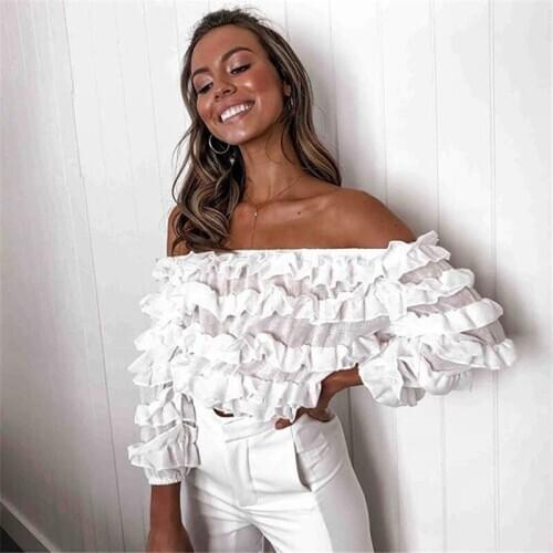 2020 Women Puff Sleeve Blouse Sheer Perspective Frill Ruffle Shirt Off Shoulder OL High Street Casual Lace Blusas Tops Beach