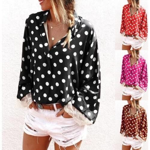Ladies Lace Long Sleeve Loose Casual Shirt Polka Dot Print Single-breasted Cardigan Long Sleeve Lapel Large Size Chiffon Shirt