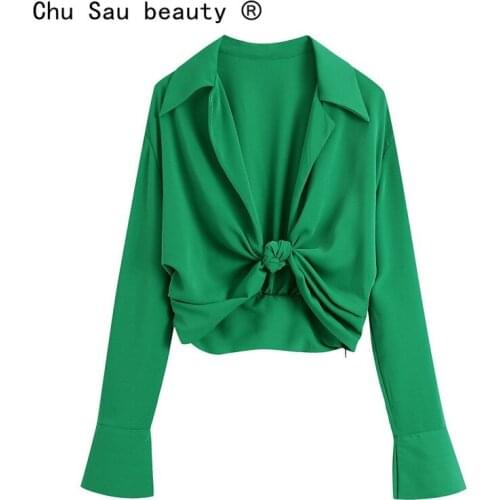 2021 Summer New Chic Office Ladies Slim Green Lapel Long-Sleeved Knotted Short Shirt Crop Top Women Blouse