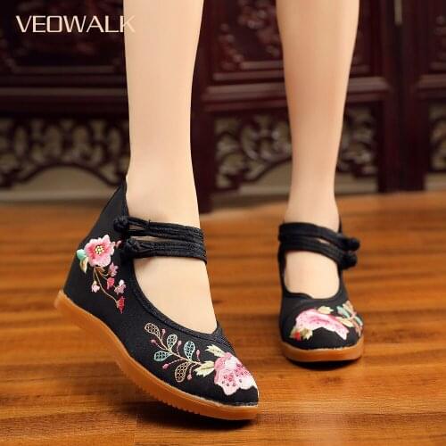 Veowalk Rhinestones Flowers Embroidered Womens Canvas Hidden Platform Shoes Ladies Comfort Denim Cotton Embroidery Walking Shoes