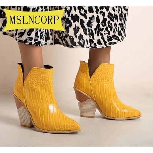 Plus Size 34-48 Western Cowboy Boots for Women Autumn Boots Womens Chunky Wedge Platform Patent Leather Pointed Toe Ankle Boots