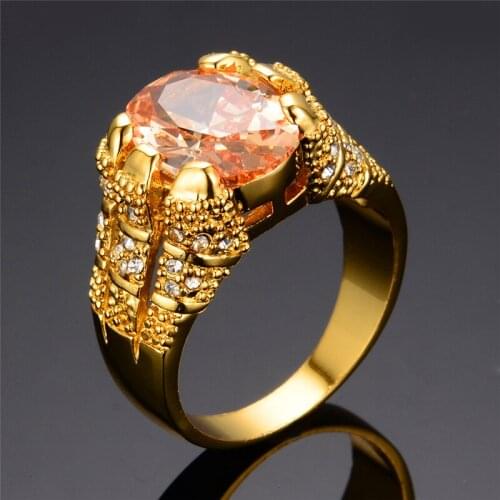 Charm Female Big Champagne Crystal Ring Vintage Gold Color Wedding Rings For Women Luxury Round Zircon Engagement Ring