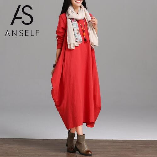 Plus Size 3XL 4XL 5XL Women Vintage Cotton Dress Pocket O Neck 3/4 Sleeve Loose Maxi Long Dress female Gown Robe Solid One-Piece