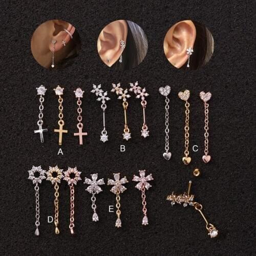 1PC 20g Stainless Steel Cz Flower Heart Cross Dangle Cartilage Earring Helix Screw Back Long Drop Earring Ear Piercing Jewelry