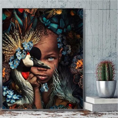 5D DIY Diamond Painting African Little Girl and Crane Cross Stitch Kit Embroidery Craft Rhinestone Mosaic Art Wall Sticker Decor