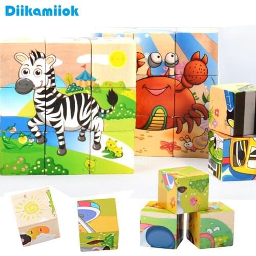 9 Pieces Six Face Picture Wooden 3D Puzzle Animal Vehicle Kids Wood Toy Baby Early Learning Toys for Children Educational Games
