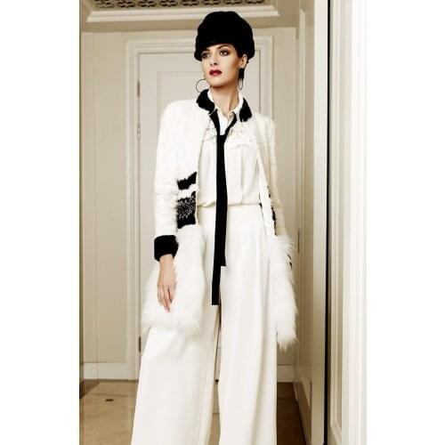 Arlenesain custom 2019 new fashion lambs wool and fox fur mid-long coat black and white women