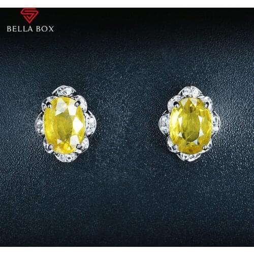 BELLA BOX Classic 925 Sterling Silver Women Stud Ear With Oval Shape Yellow Color Gemstones Wedding Engagement Charms Jewelry