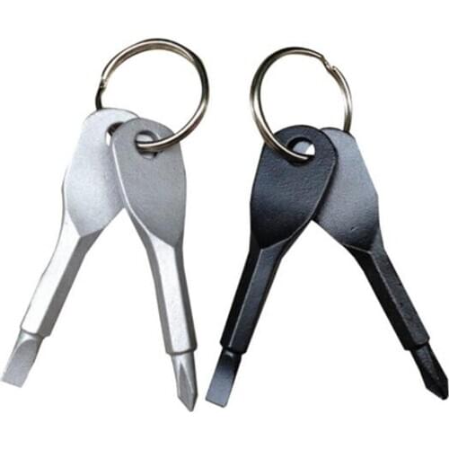 2pcs Stainless Steel Mini EDC Portable Key Shape Slotted/Phillips Screwdriver Keychain Repair Tool