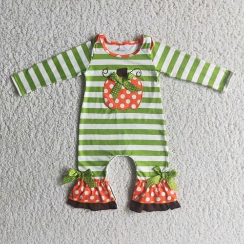 Fall Thanksgiving Day Style Applique Pumpkin Long Sleeve Stripe Romper Baby Infant Clothing