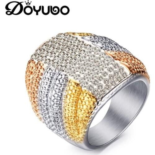 DOYUBO Women Large Size 316L Stainless Steel Rings With Full White Rhinestone Silver/Gold/Rose Gold Color Lady New Jewelry DA013