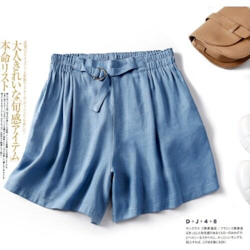 Large size Tencel denim wide-leg pants good womens high waist drape loose thin casual elastic waist wild straight shorts thin