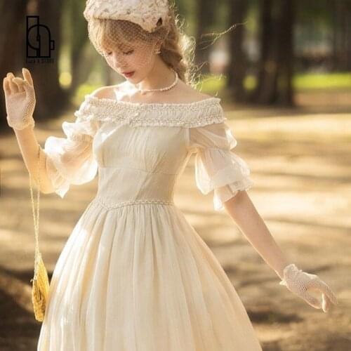 Elegant Lolita Dress Women French Slash Neck Reflective Fairy Dress Simple Royal Ball Wedding Banquet Clothing Women Autumn 2021
