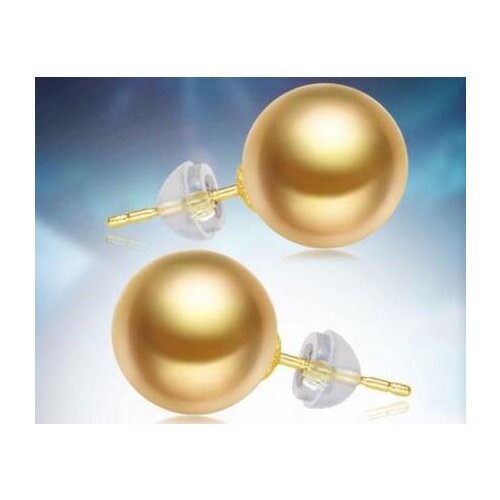 Good>>>>noble jewelry 9.5-10mm AAA+++ Yellow Golden Freshwater Pearls Earrings 14kt Gold