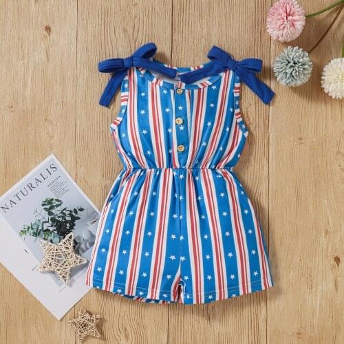 Little Girls Independence Day Jumpsuit Summer Toddlers Stripe Star Printing Sleeveless Bow Decoration Siamese Trousers