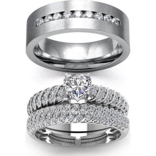 Trendy Lovers Rings Women Crystal Rhinestones Rings Set Wedding Bridal Ring Men Zirconia Stainless Steel Ring Love Gift