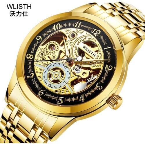 Mens Watches Automatic Mechanical Gold Male Clock Skeleton Dial Waterproof Stainless Steel Hollow Sports Watch Reloj Hombre