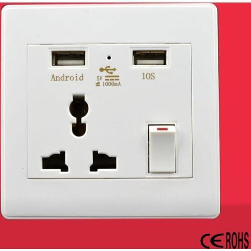 New Wall Socket Dual 2 USB Universal Plug Switch Power Supply Plate 1000mA Charger with LED indicator