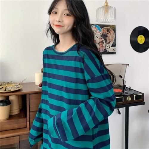 2021 new autumn long-sleeved striped printing bottoming shirt all-match hole personality top T-shirt