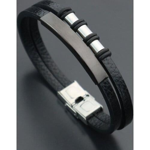 New Fashion Couples Custom Logo Retro Geometric Stainless Steel Double Layer Leather Bracelet