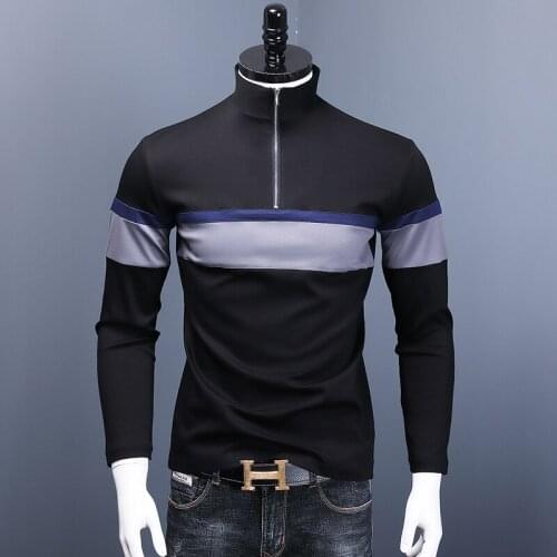 Autumn New Mens Black Zip Collar T-Shirt Fashion Patchwork Cotton Slim Fit T Shirt