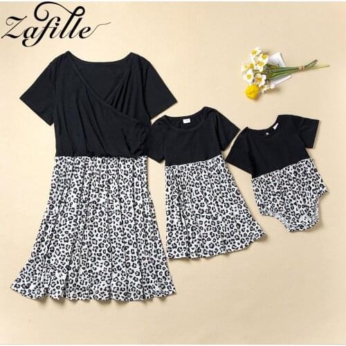 ZAFILLE Mommy and me Clothes Summer Fashion Patchwork Leopard Mother Daughter Dresses Family Look Mom and Daughter Dress