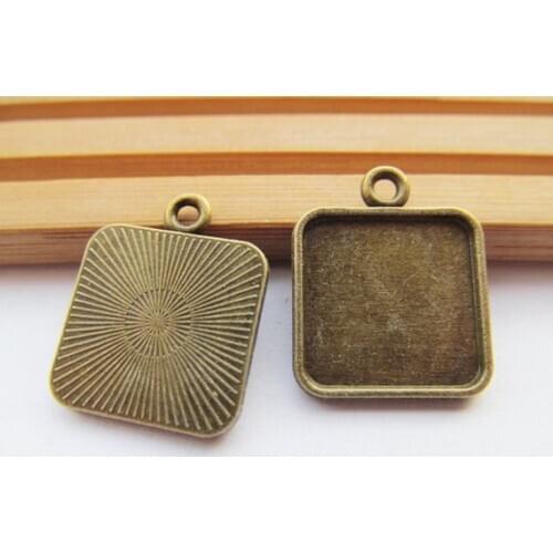 50pcs Antique Silver tone/Antique Bronze Square Base Setting Tray Bezel Pendant Charm,fit 15mm Cabochon/Cameo,DIY Accessory